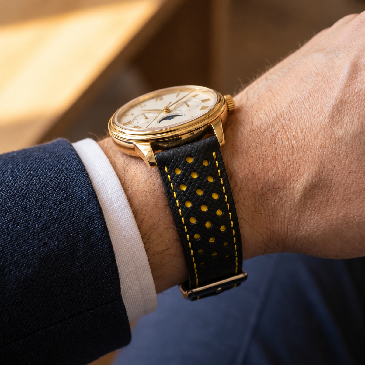 Black & Yellow Epsom Rally Leather Watch Strap — shown on watch
