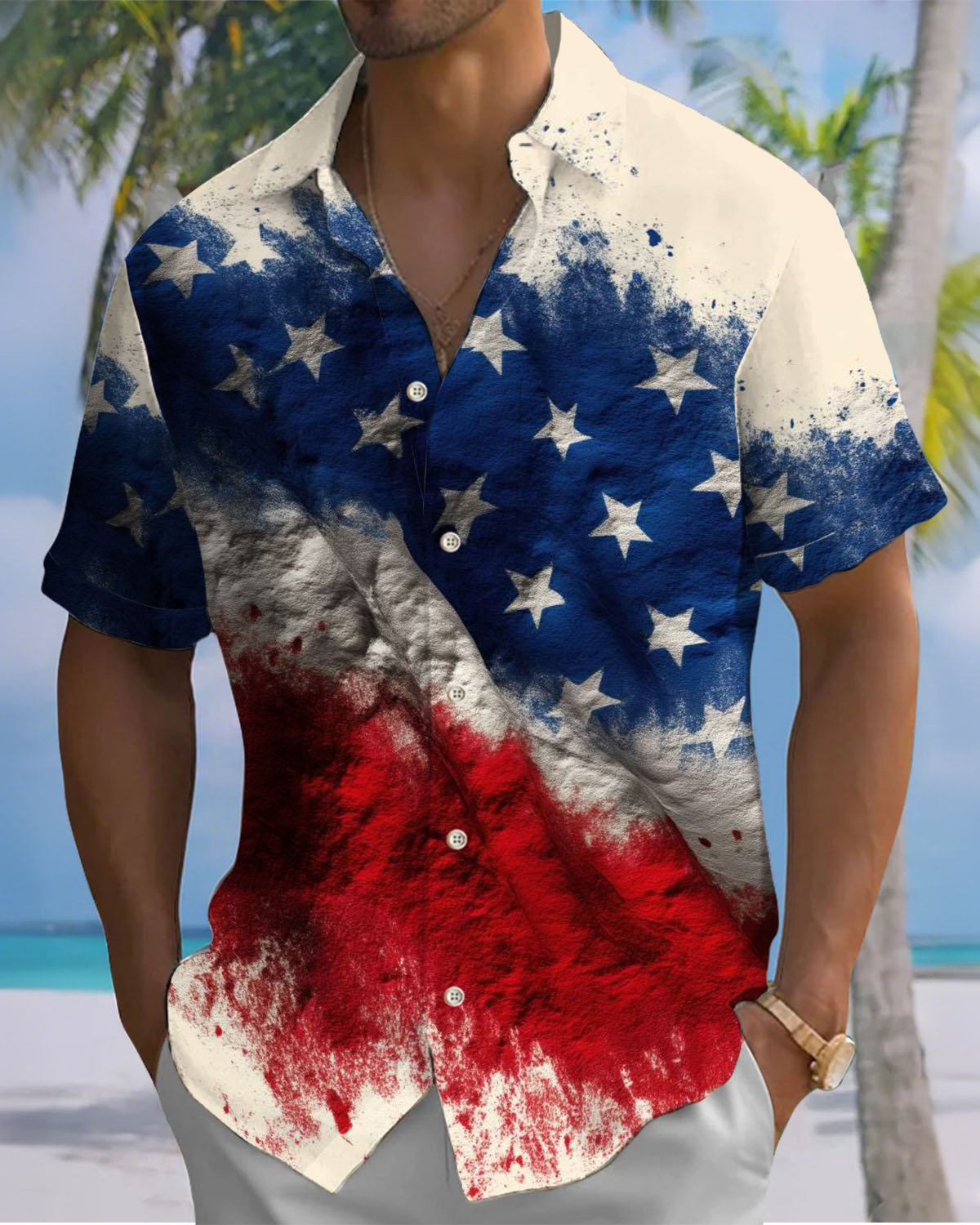 Alohadaddy® Casual American Flag Print Art Button Cardigan Men's Short Sleeve Shirt Big & Tall