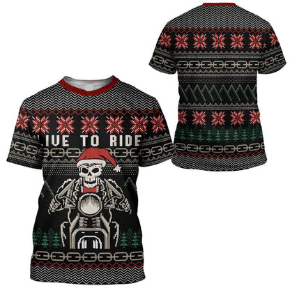 Motorcycle Hoodie Live To Ride Christmas Pattern T-Shirt Black Unisex - Trendy Gift For Men & Women