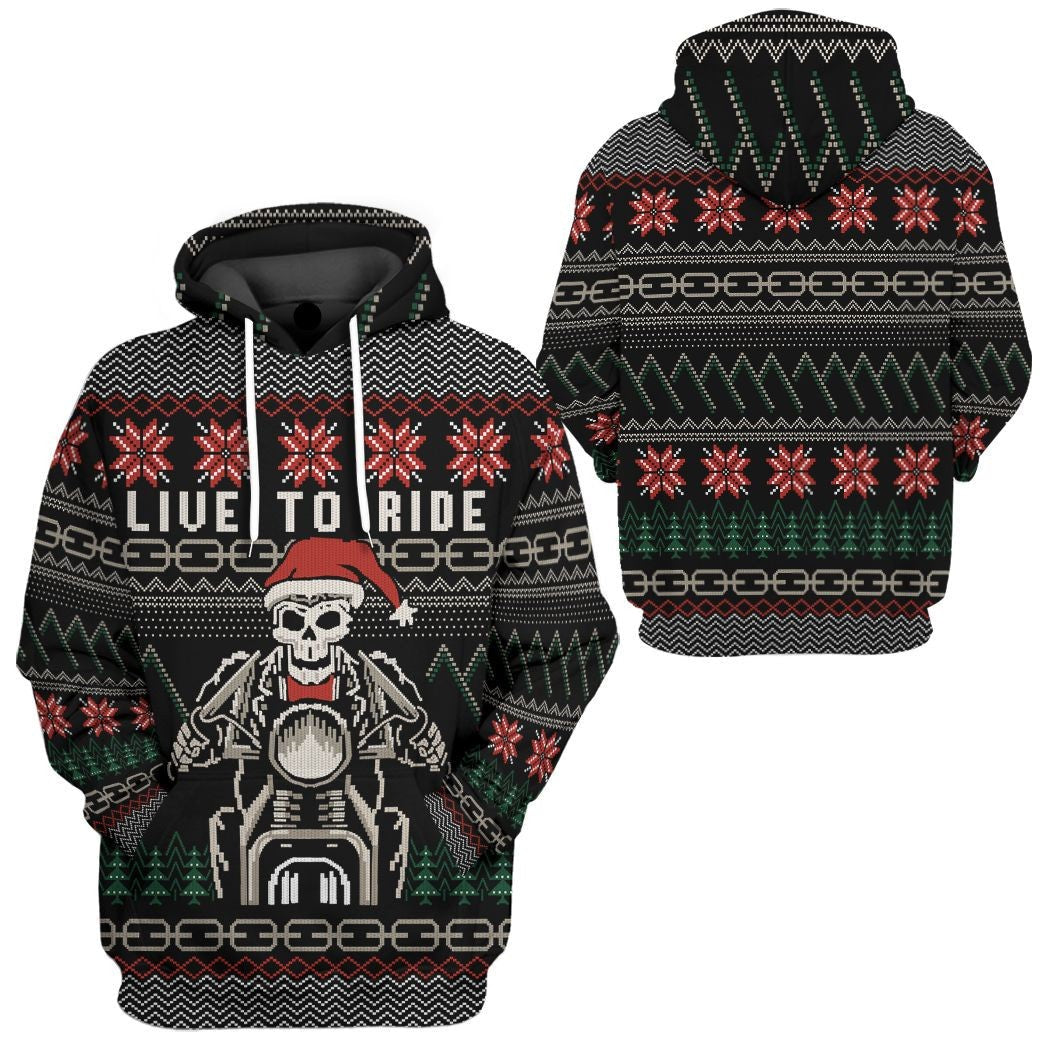 Motorcycle Hoodie Live To Ride Christmas Pattern T-Shirt Black Unisex - Trendy Gift For Men & Women