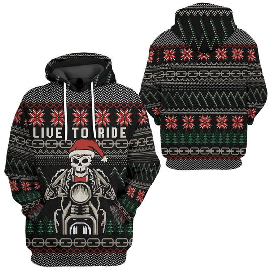 Motorcycle Hoodie Live To Ride Christmas Pattern T-Shirt Black Unisex - Trendy Gift For Men & Women