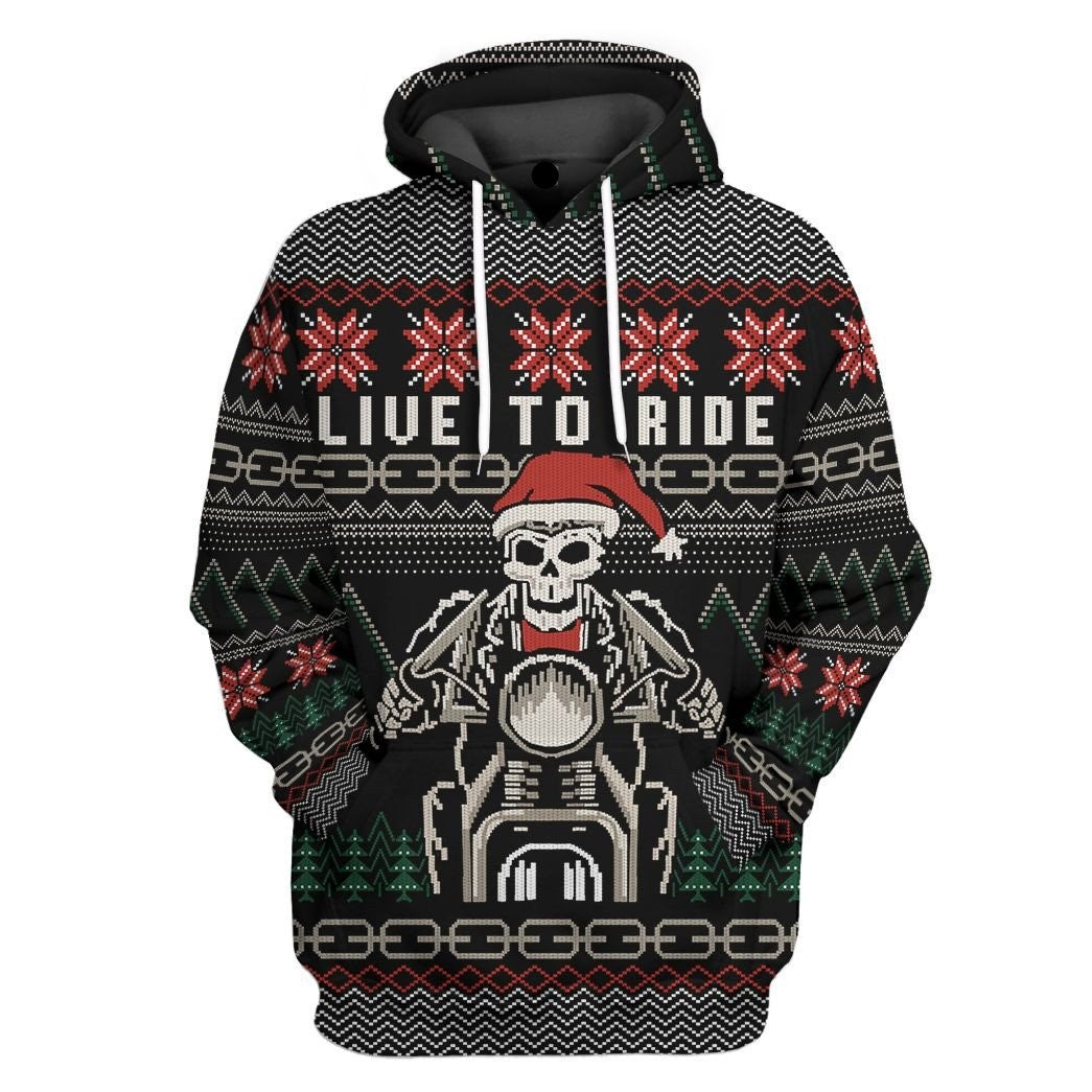 Motorcycle Hoodie Live To Ride Christmas Pattern T-Shirt Black Unisex - Trendy Gift For Men & Women