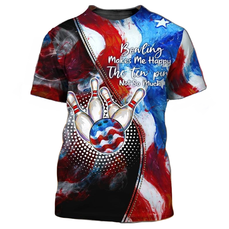Bowling T-shirt Bowling Makes Me Happy T-shirt Red Blue Unisex