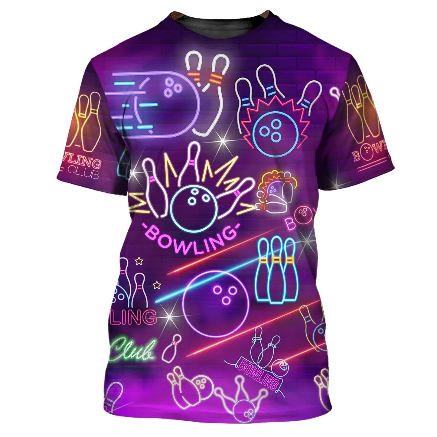 Bowling T-shirt Bowling Club Pins And Balls Neon Pattern T-shirt Purple Unisex