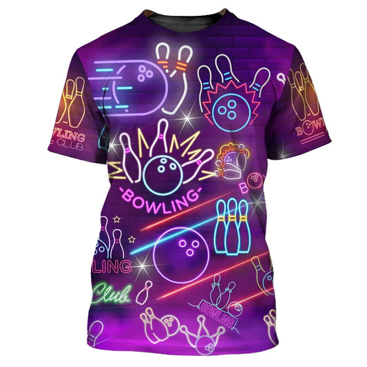 Bowling T-shirt Bowling Club Pins And Balls Neon Pattern T-shirt Purple Unisex