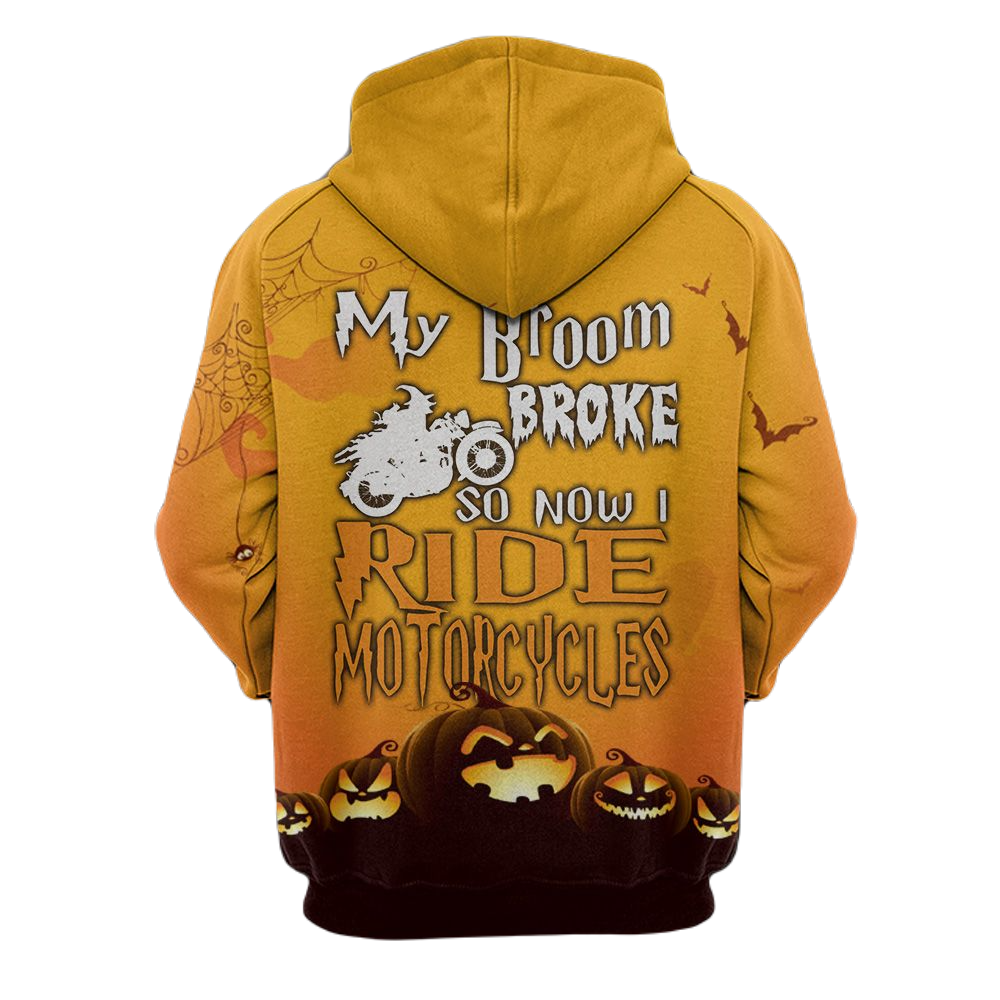 Motorcycle Hoodie My Broom Broke So I Ride Motorcycle Hoodie Black Orange Unisex - Cozy Hoodie For Cold Weather