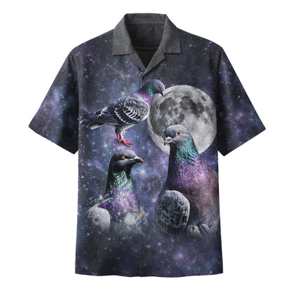 Pigeon Galaxy Hawaiian Shirt, Funny Space Bird Aloha Shirt, Moon Night Sky Shirt