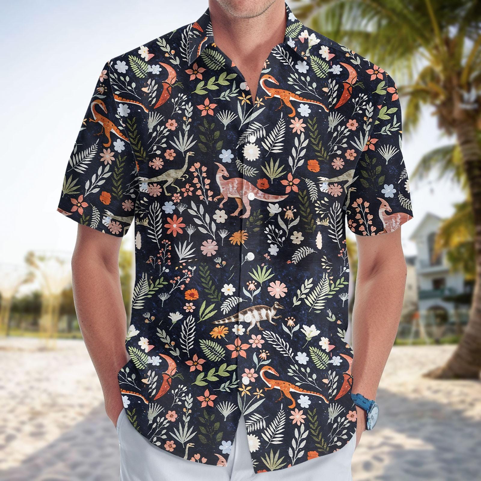 Dinosaur Floral Button Up Shirt, Animal Tropical Vacation Hawaiian Shirt