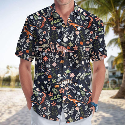 Dinosaur Floral Button Up Shirt, Animal Tropical Vacation Hawaiian Shirt