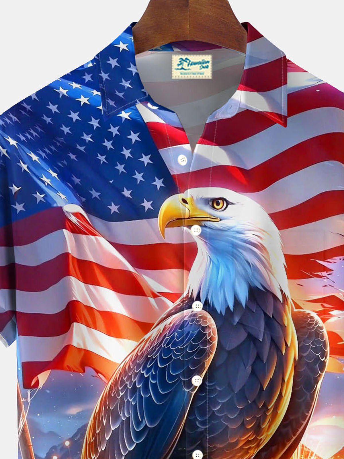 Alohadaddy®  Retro Flag Bald Eagle Print Men's Button-Down Pocket Short-Sleeve Shirt Big & Tall