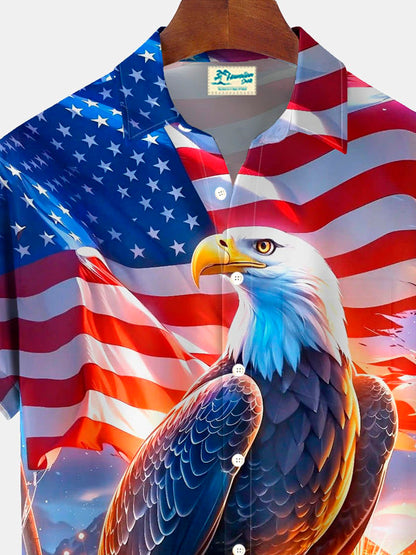 Alohadaddy®  Retro Flag Bald Eagle Print Men's Button-Down Pocket Short-Sleeve Shirt Big & Tall