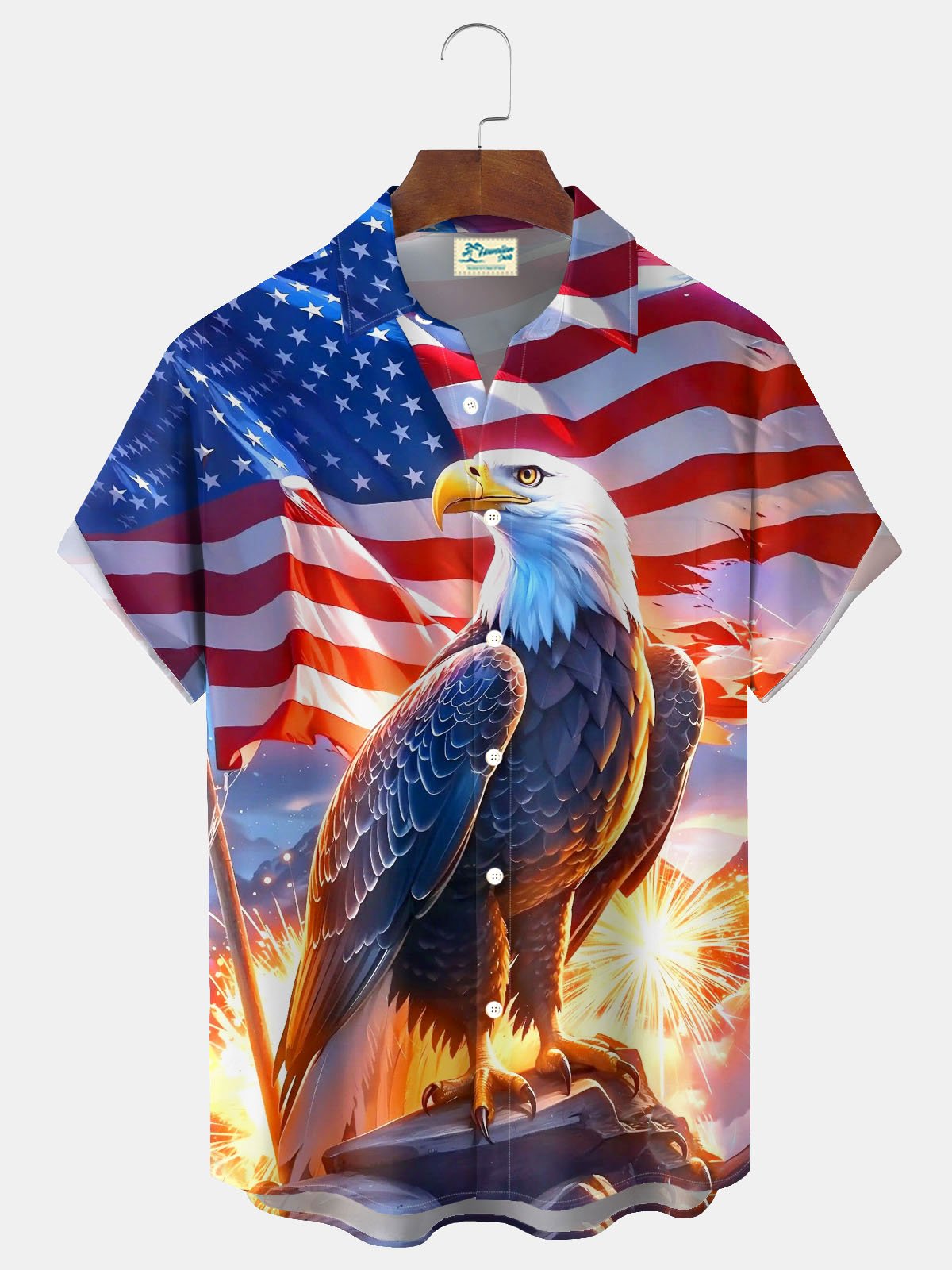 Alohadaddy®  Retro Flag Bald Eagle Print Men's Button-Down Pocket Short-Sleeve Shirt Big & Tall