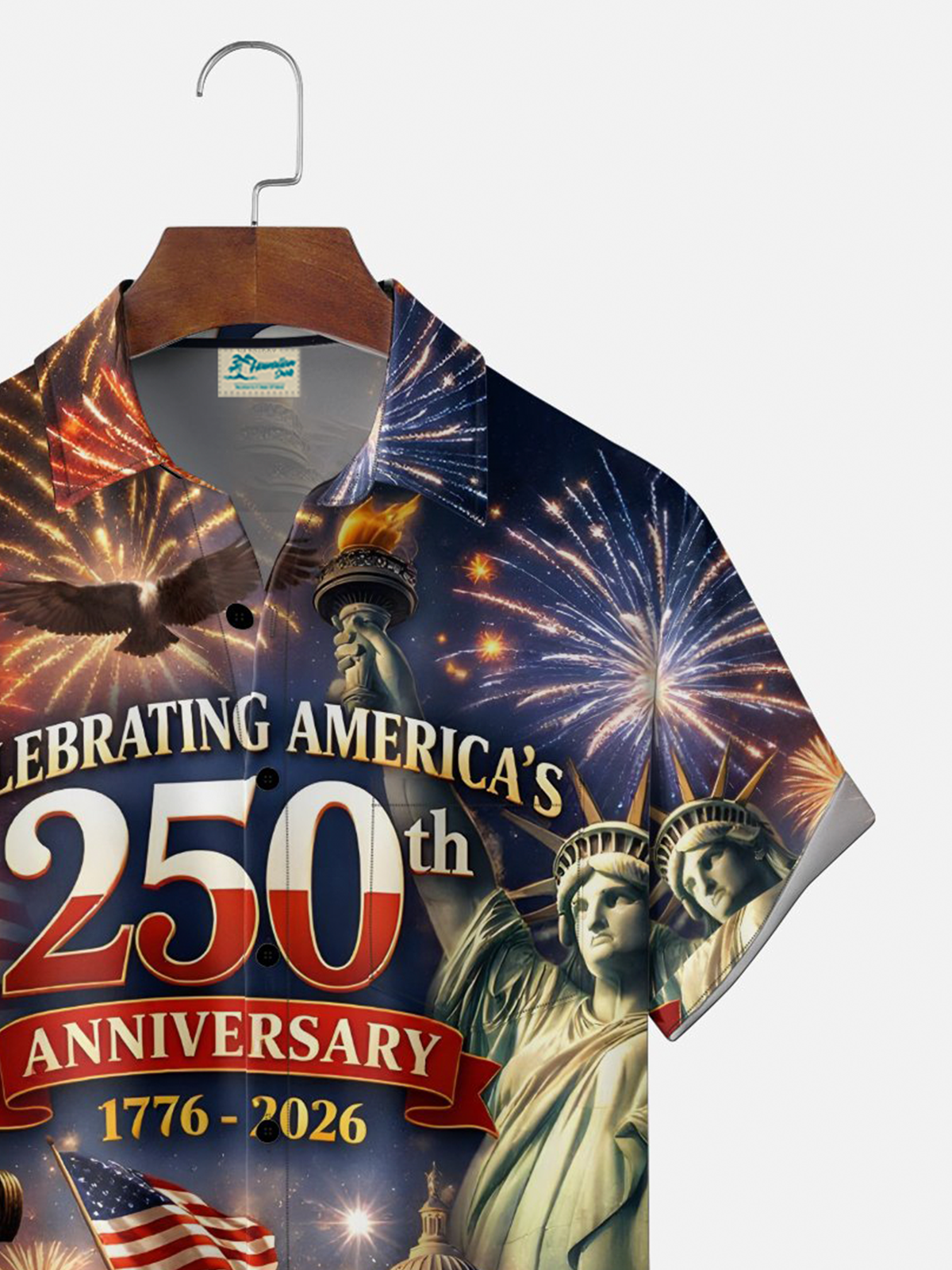 Alohadaddy® Men's Holiday 250th Anniversary Fireworks Patriotic Celebration Retro Print Shirt Button Down Short-Sleeve Big & Tall