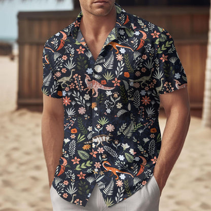 Dinosaur Floral Button Up Shirt, Animal Tropical Vacation Hawaiian Shirt