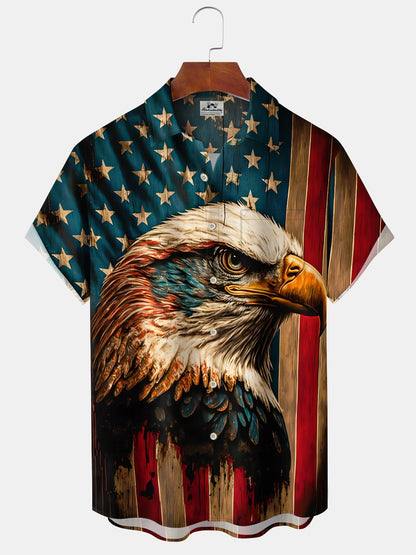 Alohadaddy Casual Independence Day American Flag Eagle Drawing Art Button Cardigan Pocket Stretch Large Size Long Short Sleeve Shirt