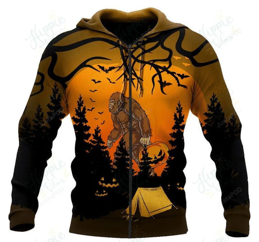 Bigfoot Zip Hoodie Halloween Camping Bigfoot Up Zip Hoodie Orange Unisex - Cozy Hoodie For Cold Weather