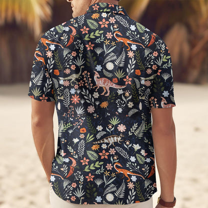 Dinosaur Floral Button Up Shirt, Animal Tropical Vacation Hawaiian Shirt