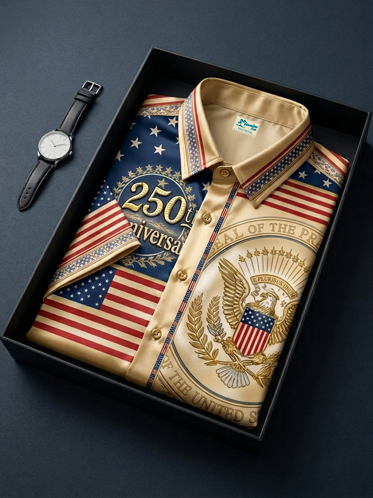 Alohadaddy® Men's Holiday American 250th Anniversary Golden Satin Bald Eagle Print Button Down Short-Sleeve Big & Tall