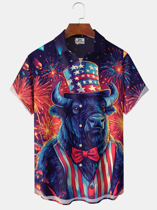 Alohadaddy Holiday Collection Independence Day Bull Button Cardigan Pocket Stretch Oversized Polyester Short Sleeve Shirt
