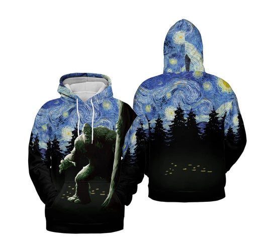 Bigfoot Hoodie Bigfoot Starry Night Hoodie Black Blue Unisex - Cozy Hoodie For Cold Weather