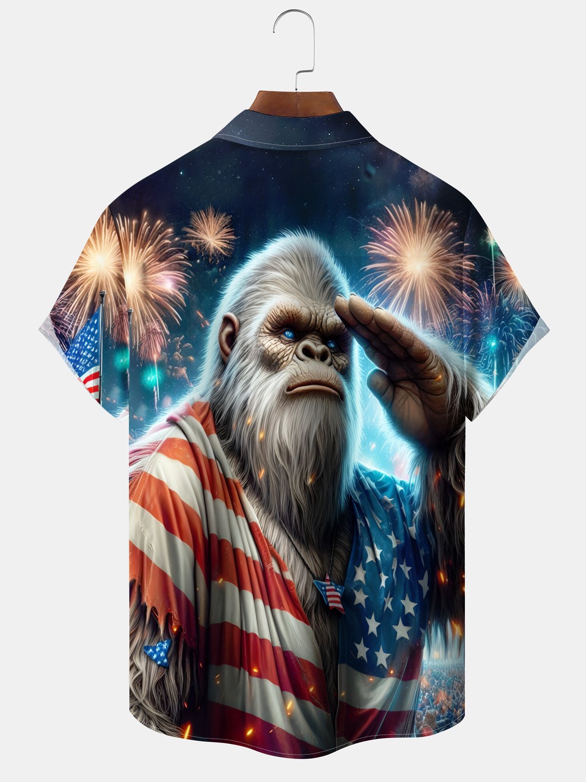 Alohadaddy Holiday Collection Independence Day Bigfoot American Flag Print Art Button Cardigan Pockets Large Size Long Short Sleeve Polyester Shirt