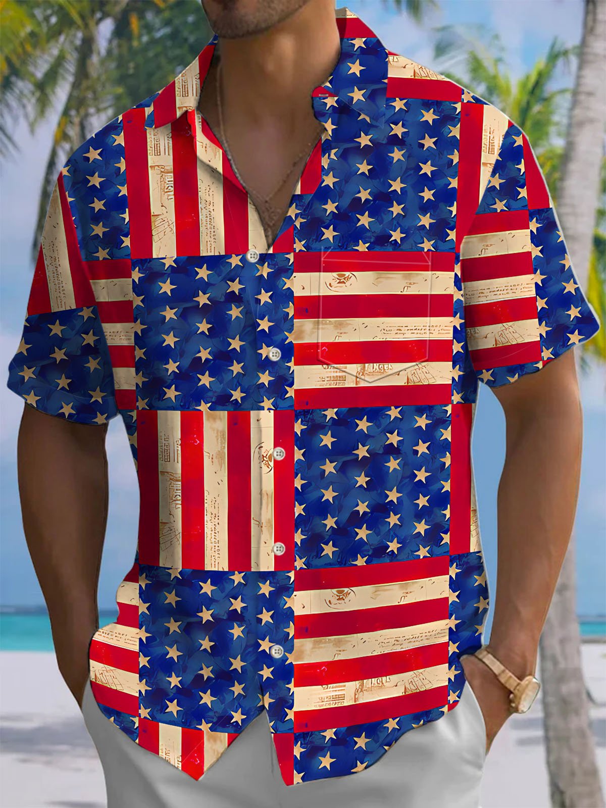 Alohadaddy® Casual 4th of July Flag Print Chest Pocket Mens Short Sleeve Shirt Big & Tall