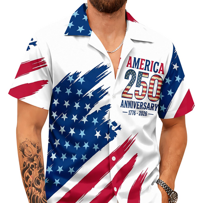 Men’s U.S. 250th Anniversary Hawaiian Shirt, Patriotic American Flag Button Down, 1776 2026 Independence Day Outfit