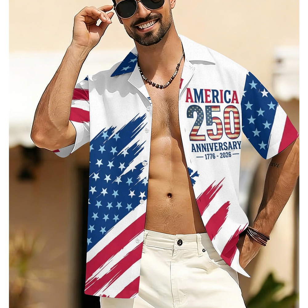 Men’s U.S. 250th Anniversary Hawaiian Shirt, Patriotic American Flag Button Down, 1776 2026 Independence Day Outfit