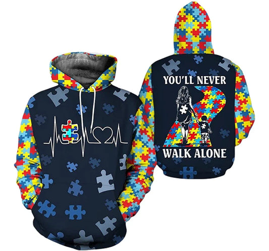 Autism Hoodie You'Ll Never Walk Alone Puzzle Pieces Pattern Hoodie Colorful Unisex - Cozy Hoodie For Cold Weather