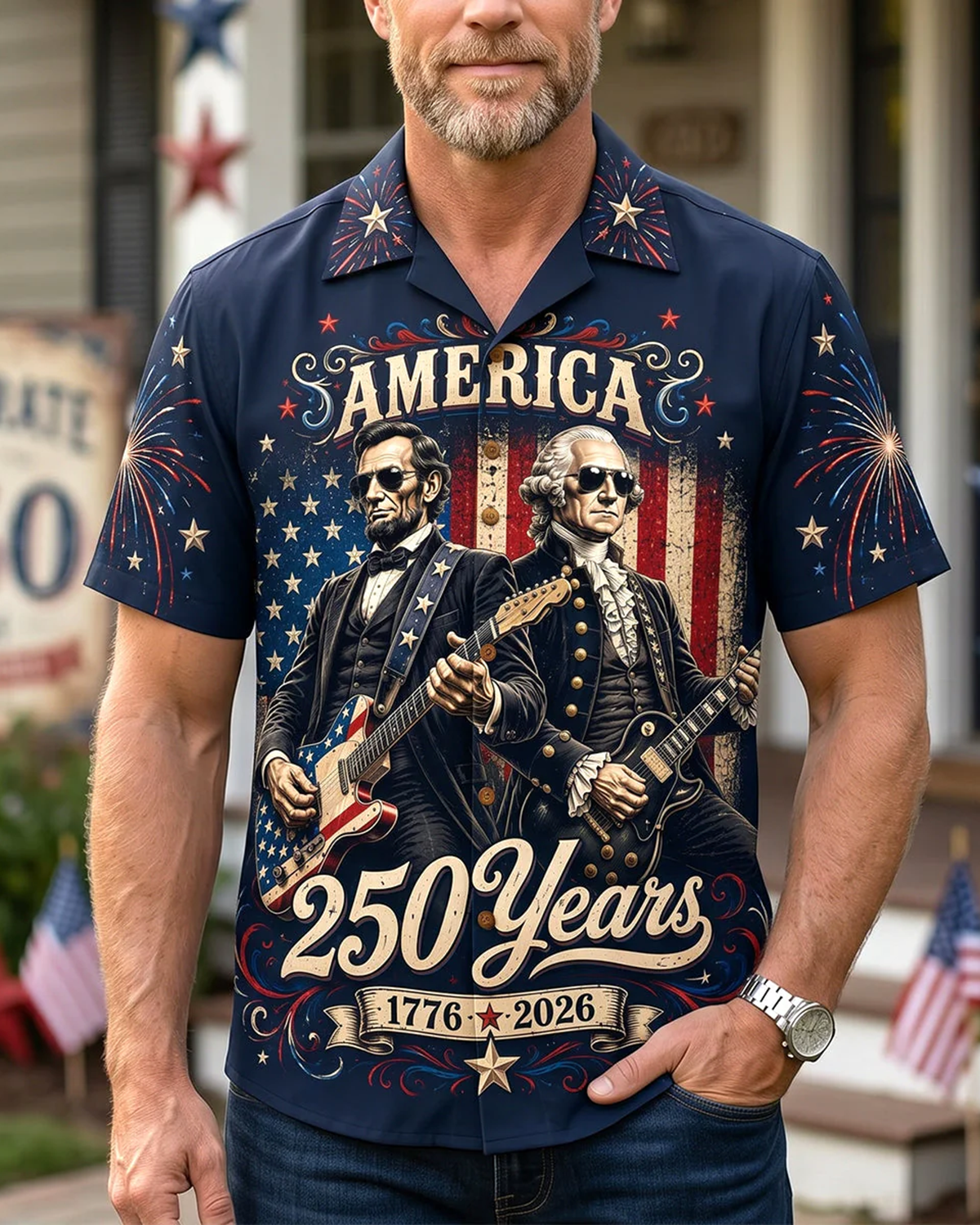 Alohadaddy® Retro Men's Short-Sleeve Cardigan Shirt 250th Anniversary of the USA Commemorative Print Art Button-Front with Pockets