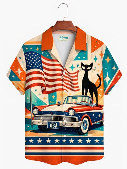 Alohadaddy® Hawaii Retro Geometric Atomic Cat Flag Print Men's Button-Down Short-Sleeve Shirt Big & Tall