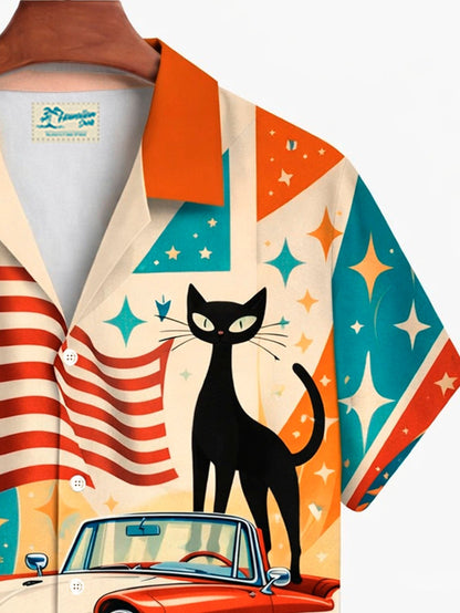 Alohadaddy® Hawaii Retro Geometric Atomic Cat Flag Print Men's Button-Down Short-Sleeve Shirt Big & Tall