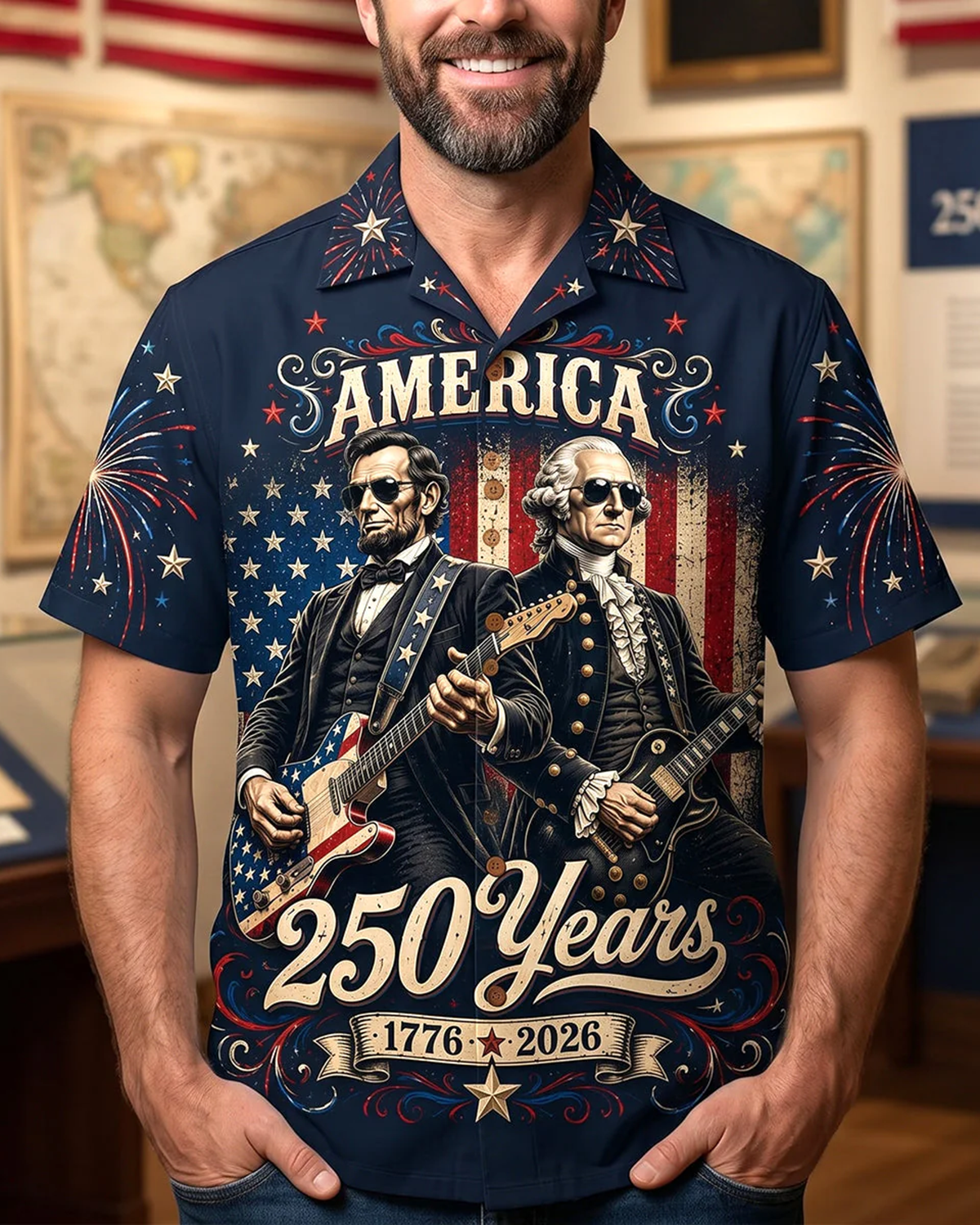 Alohadaddy® Retro Men's Short-Sleeve Cardigan Shirt 250th Anniversary of the USA Commemorative Print Art Button-Front with Pockets