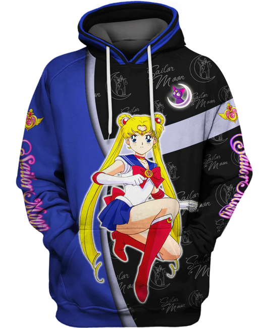 Sailor Moon Hoodie Sailor Moon Signature Pattern Hoodie Black Blue Unisex - Cozy Hoodie For Cold Weather