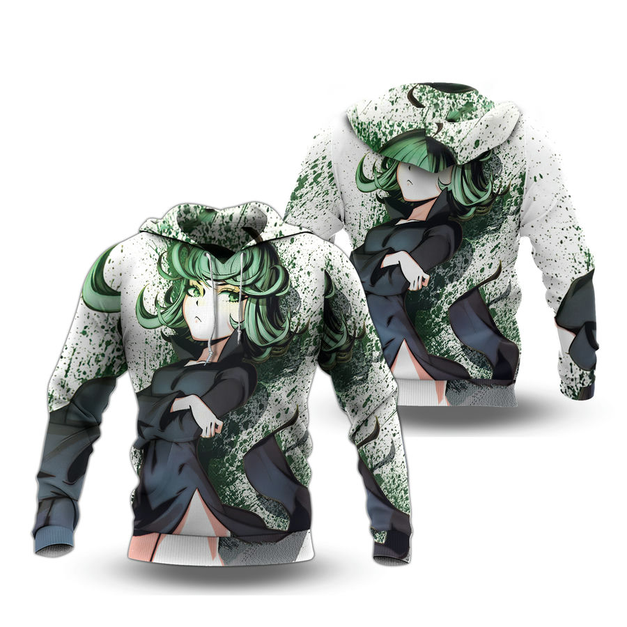 One Punch Man Hoodie Tatsumaki Hero Standing Pose Graphic Hoodie White Green Unisex - Cozy Hoodie For Cold Weather