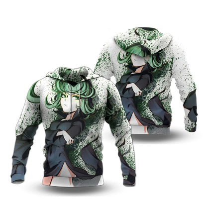 One Punch Man Hoodie Tatsumaki Hero Standing Pose Graphic Hoodie White Green Unisex - Cozy Hoodie For Cold Weather
