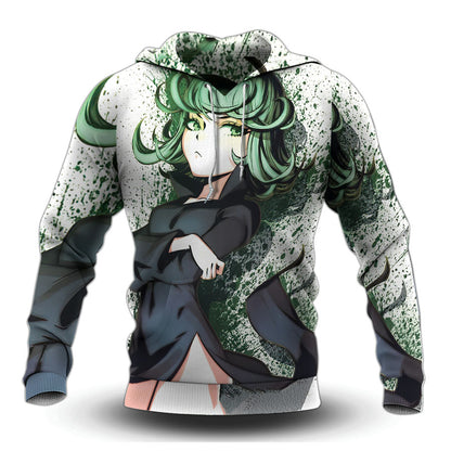 One Punch Man Hoodie Tatsumaki Hero Standing Pose Graphic Hoodie White Green Unisex - Cozy Hoodie For Cold Weather