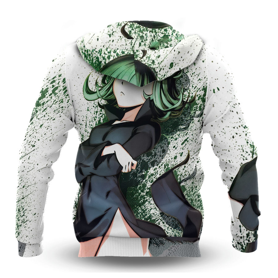 One Punch Man Hoodie Tatsumaki Hero Standing Pose Graphic Hoodie White Green Unisex - Cozy Hoodie For Cold Weather