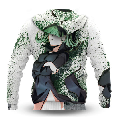 One Punch Man Hoodie Tatsumaki Hero Standing Pose Graphic Hoodie White Green Unisex - Cozy Hoodie For Cold Weather