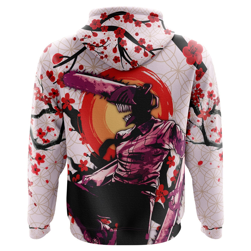 Chainsaw Man Hoodie Denji And Pochita Cherry Blossom Hoodie Pink Unisex - Cozy Hoodie For Cold Weather
