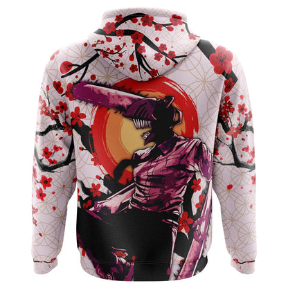 Chainsaw Man Hoodie Denji And Pochita Cherry Blossom Hoodie Pink Unisex - Cozy Hoodie For Cold Weather