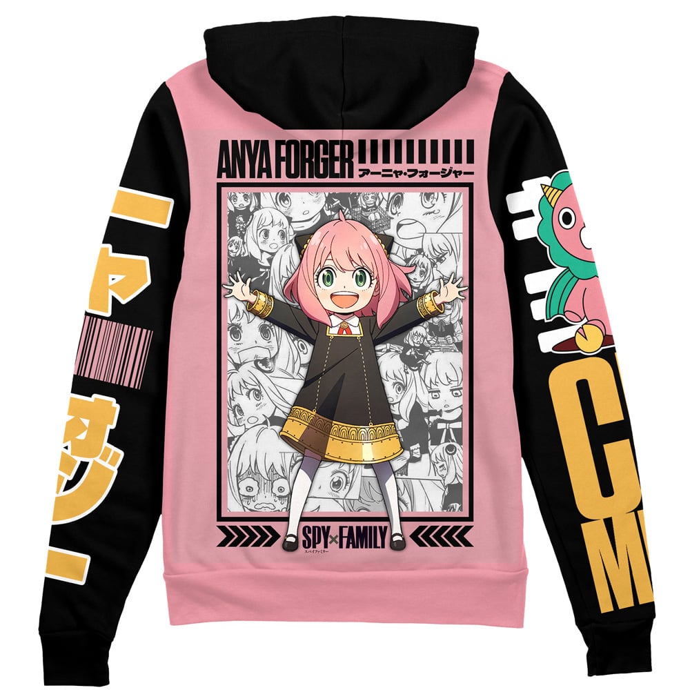 Spyxfamily Zip Hoodie Anya Forger Manga Style Zip Hoodie Black Pink Unisex