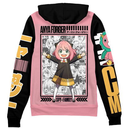 Spyxfamily Zip Hoodie Anya Forger Manga Style Zip Hoodie Black Pink Unisex