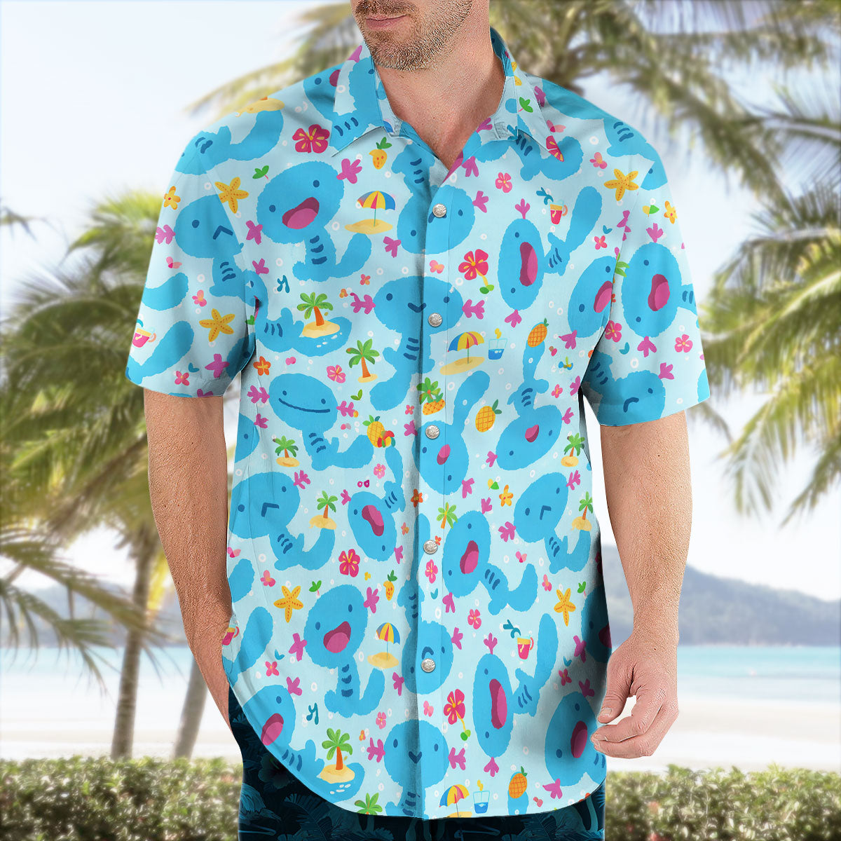 Aqua Blue Mudkip Pokemon Kawaii Tropical Hawaiian Shirt