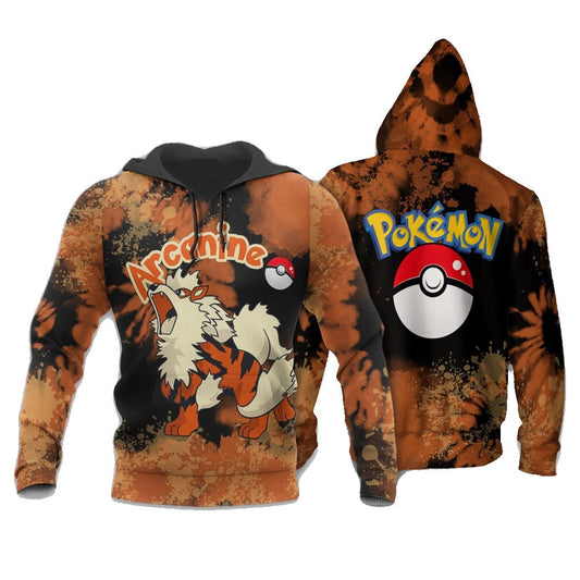 Pokemon Hoodie Arcanine Graphic Tie Dye Style Hoodie Black Orange Unisex - Cozy Hoodie For Cold Weather