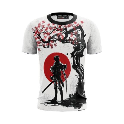Attack On Titan T-Shirt Levi Ackerman Silhouette Cherry Blossom T-Shirt White Black Unisex - Trendy Gift For Men & Women