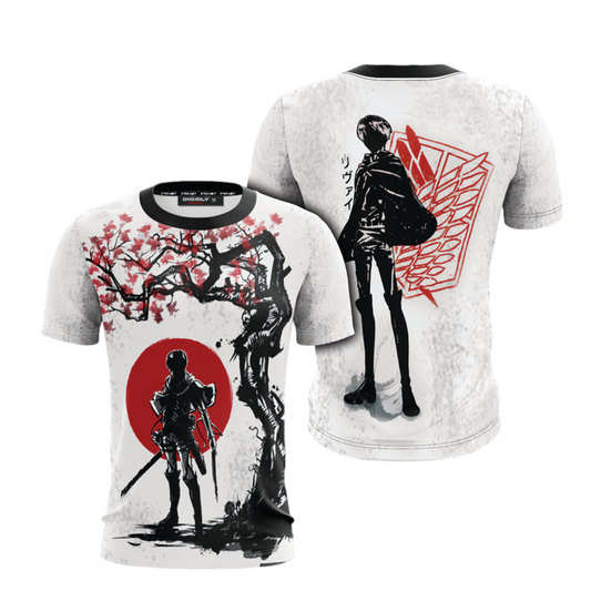 Attack On Titan T-Shirt Levi Ackerman Silhouette Cherry Blossom T-Shirt White Black Unisex - Trendy Gift For Men & Women