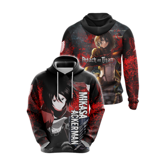 Attack On Titan Hoodie Mikasa Ackerman In Fight Graphic Hoodie Black Red Unisex - Cozy Hoodie For Cold Weather