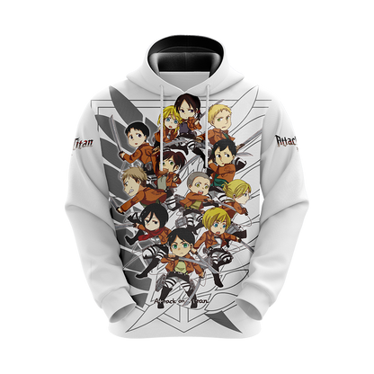 Attack On Titan Hoodie Attack On Titan Chibi Characters Pattern Hoodie White Unisex - Cozy Hoodie For Cold Weather