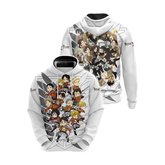 Attack On Titan Hoodie Attack On Titan Chibi Characters Pattern Hoodie White Unisex - Cozy Hoodie For Cold Weather